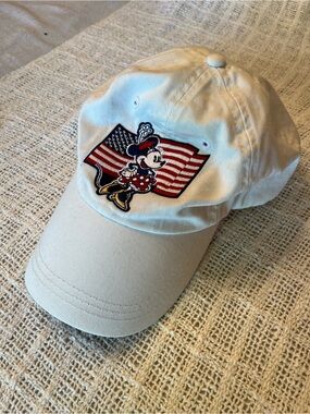 White Baseball Cap with American Flag & Minnie Mouse Embroidered Patch
